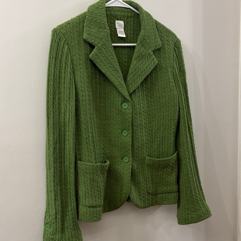 Garnet Hill Green Cable Knit Blazer Jacket - Women's size 10 - 100% wool